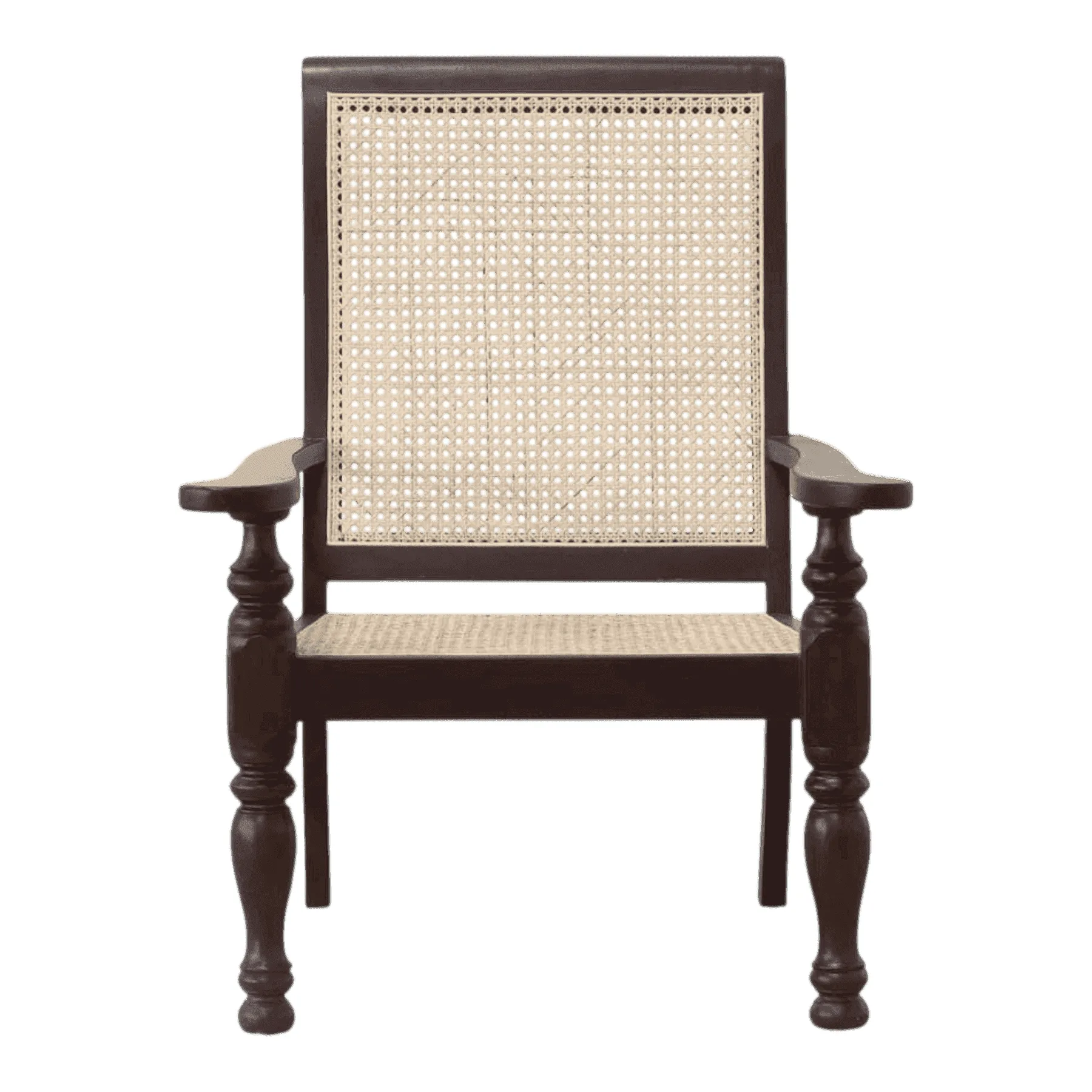 Wooden armchair with woven cane seat and back