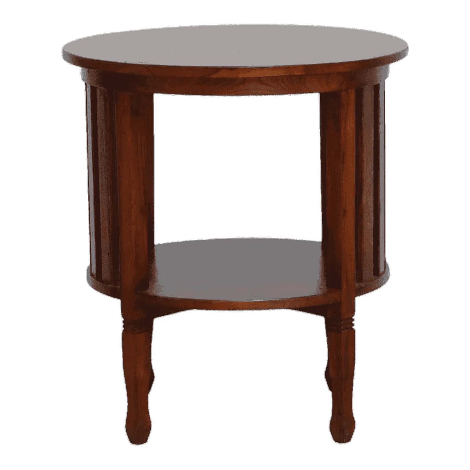 Round wooden side table with lower shelf