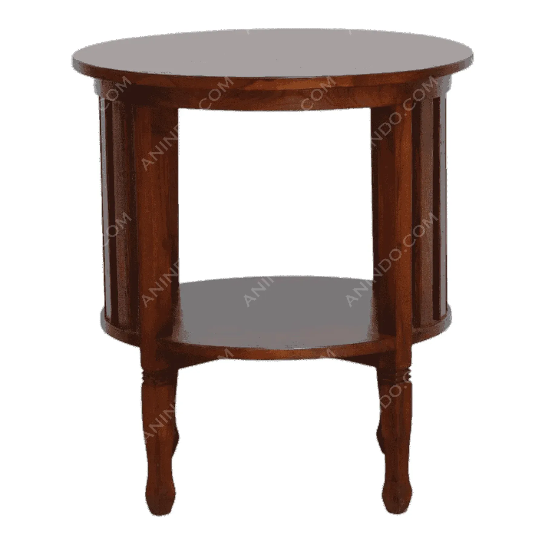 Round wooden side table with lower shelf
