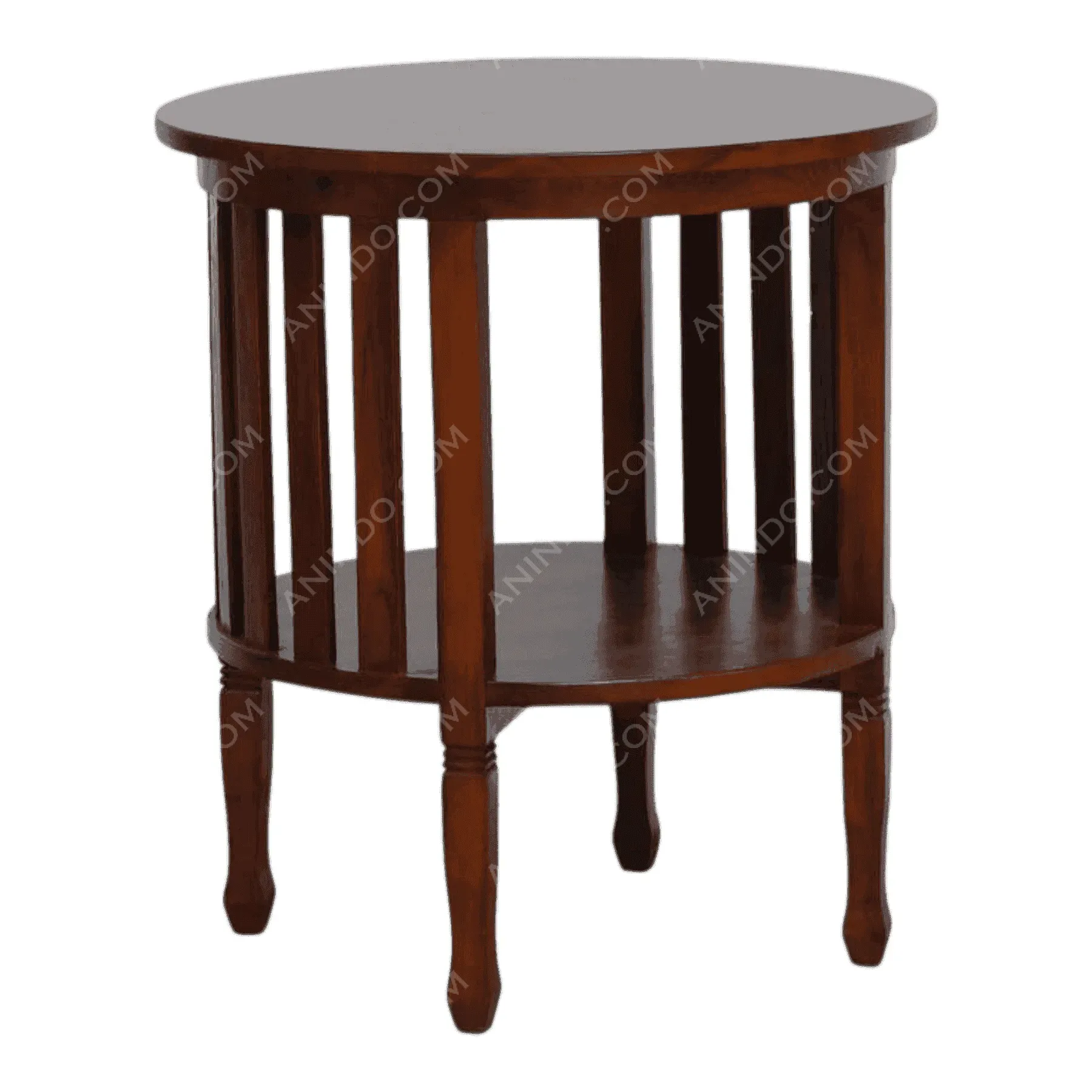 Round wooden side table with lower shelf