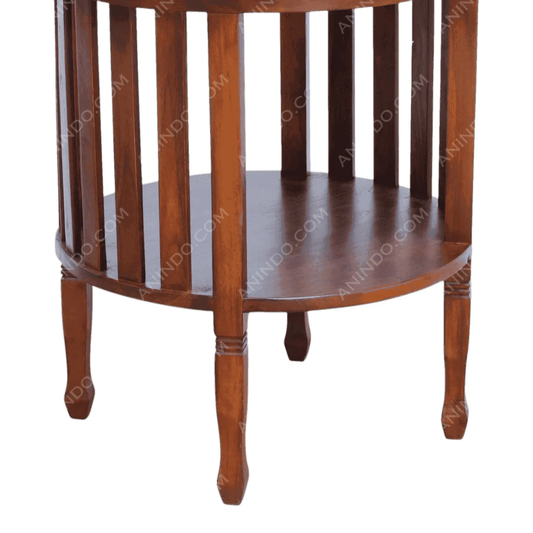 Round wooden side table with slatted design