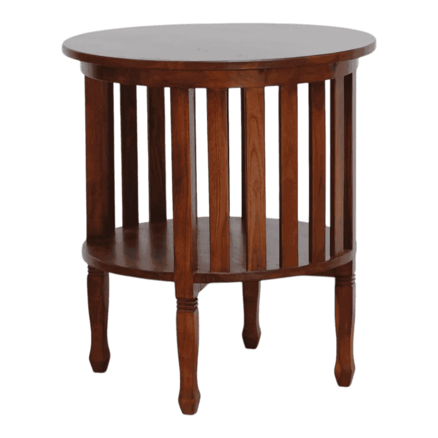Round wooden side table with lower shelf