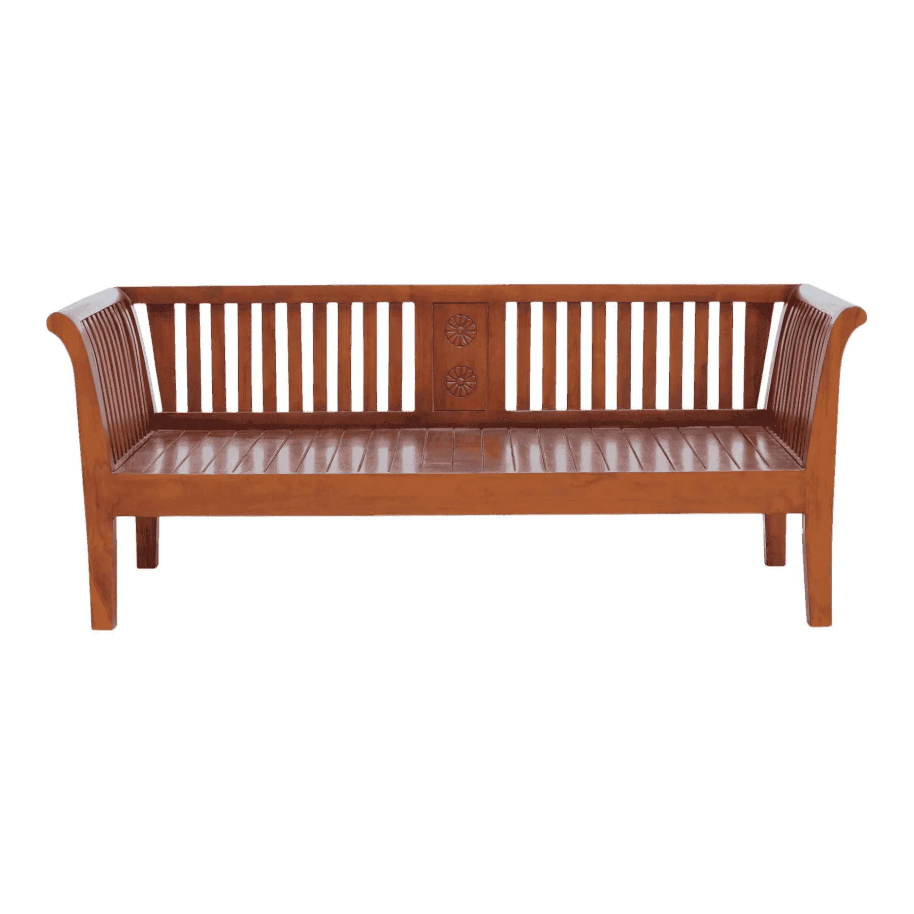 Wooden slatted bench with carved floral design