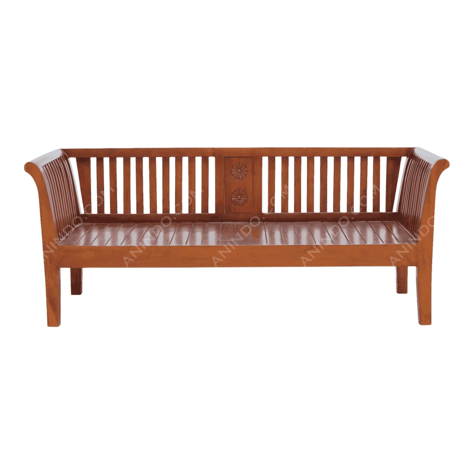 Wooden slatted bench with carved floral design