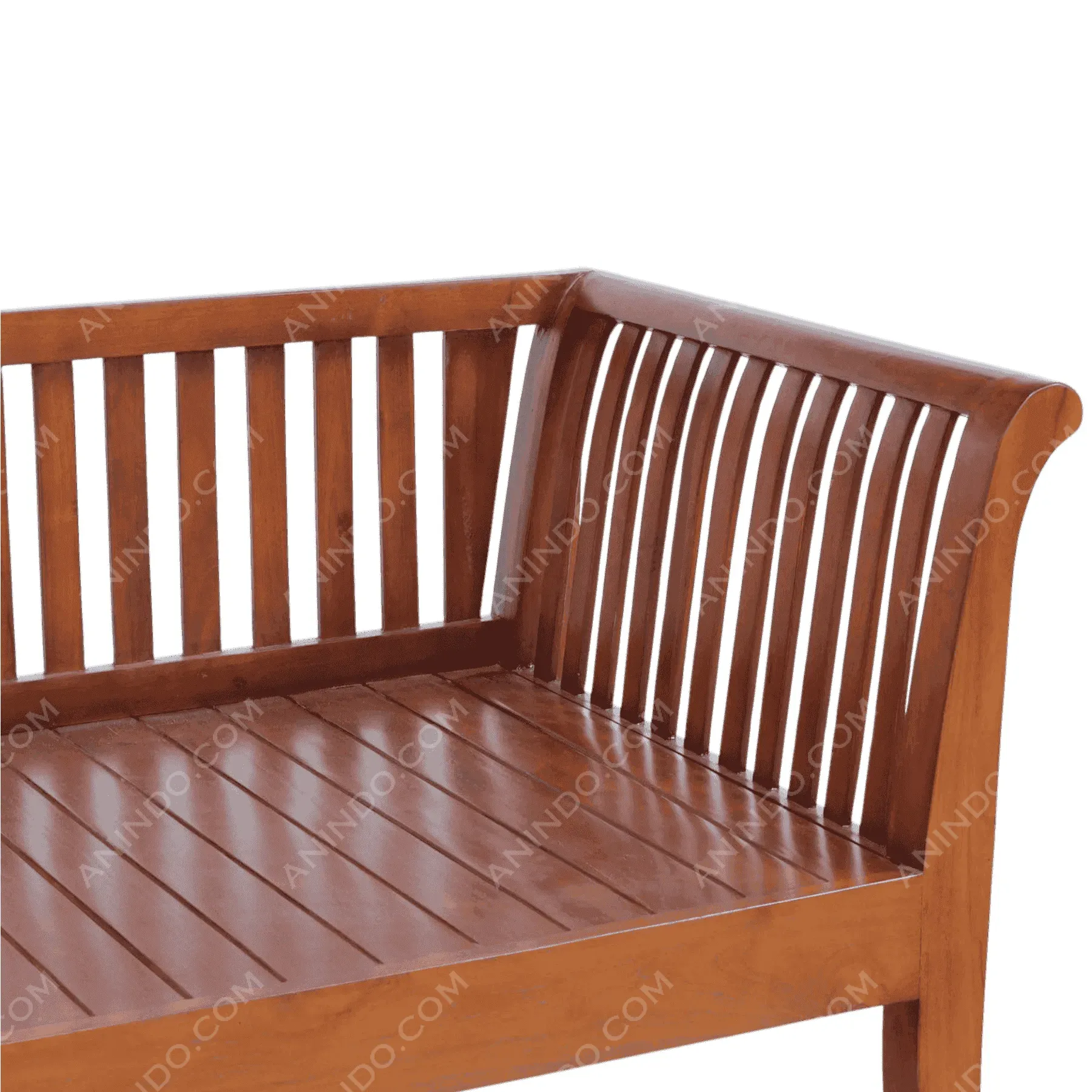 Wooden slatted bench with curved backrest
