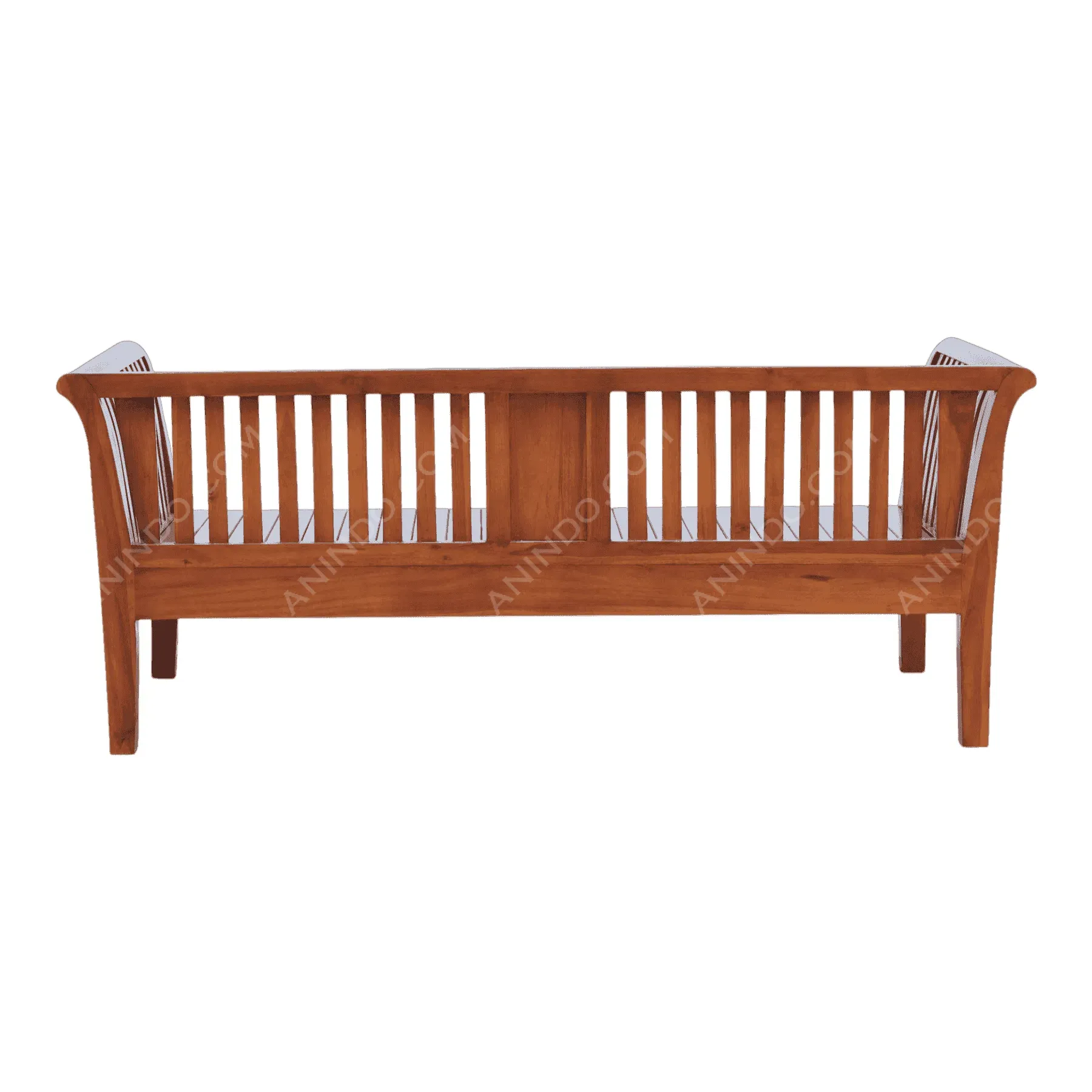 Wooden slatted back bench with armrests