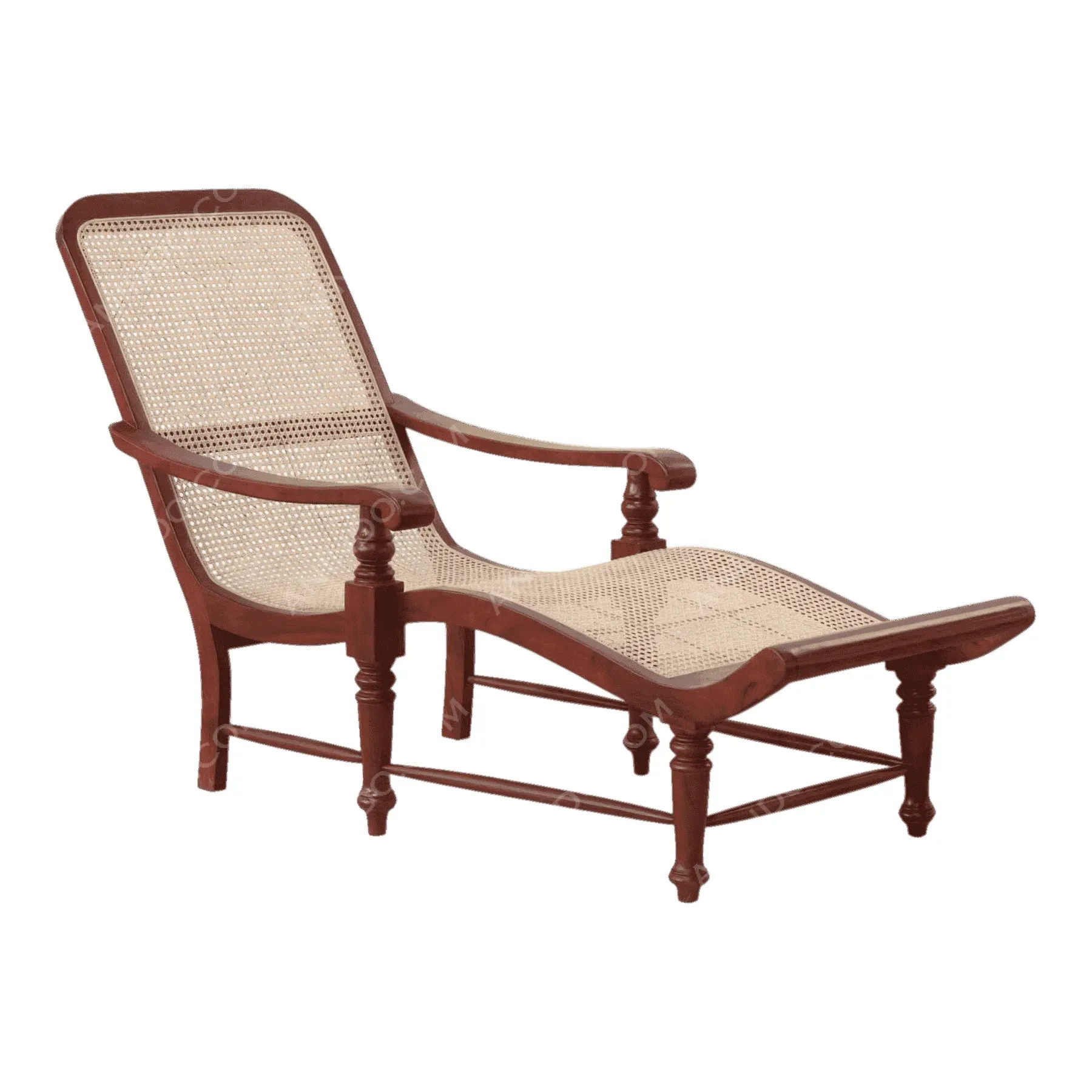Wooden cane lounge chair with extended leg rest