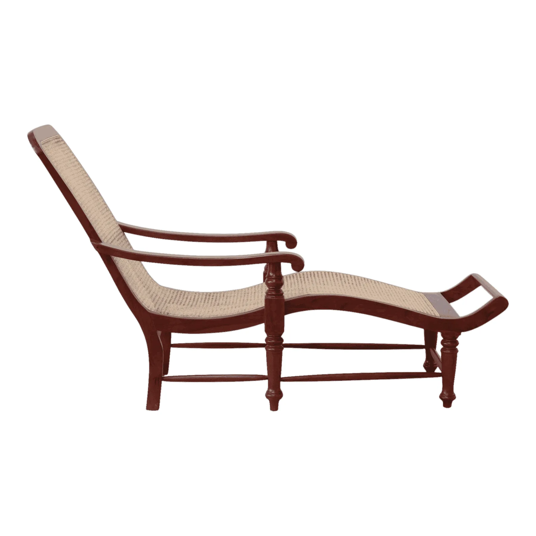Wooden reclining lounge chair with woven cane seat