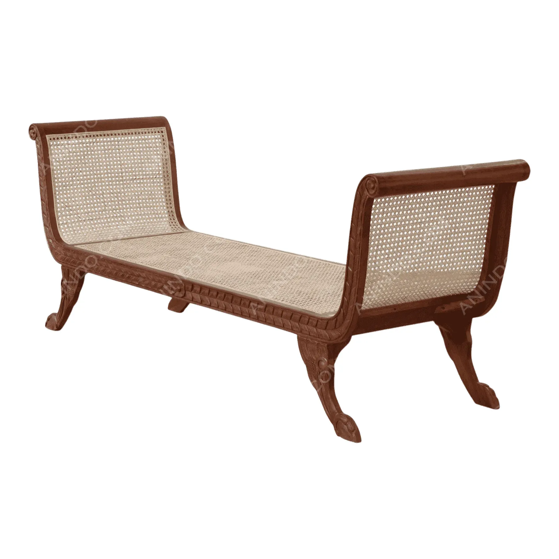 Wooden woven bench with carved legs