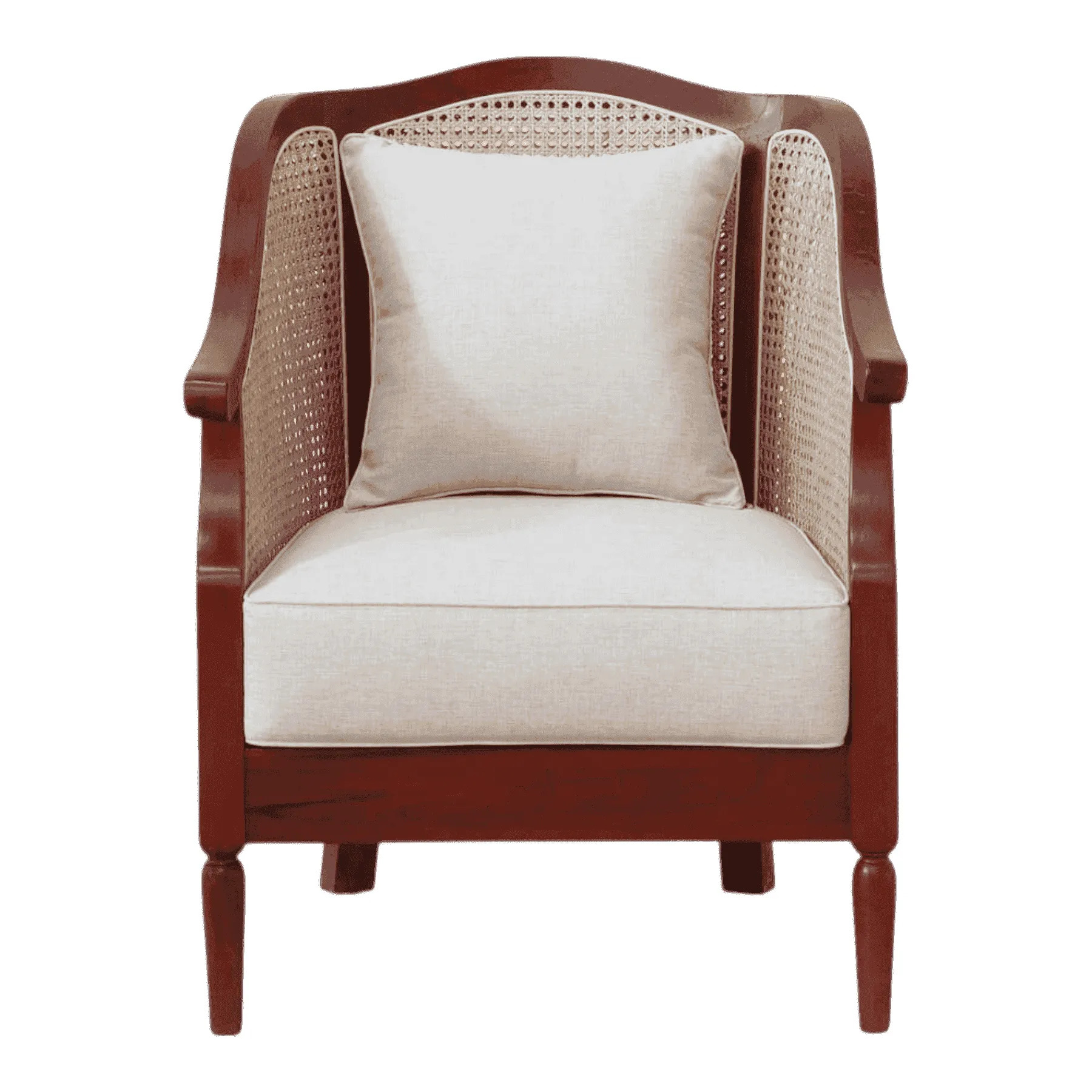 Wooden armchair with beige cushion and pillow