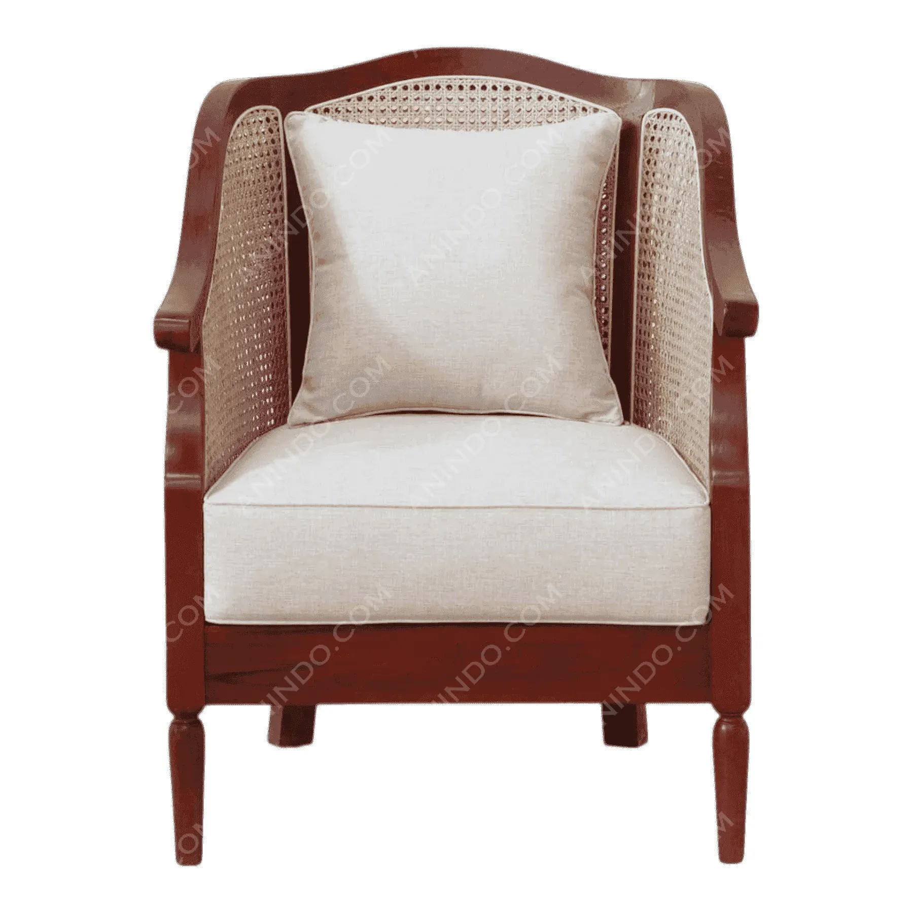 Wooden armchair with beige cushion and pillow