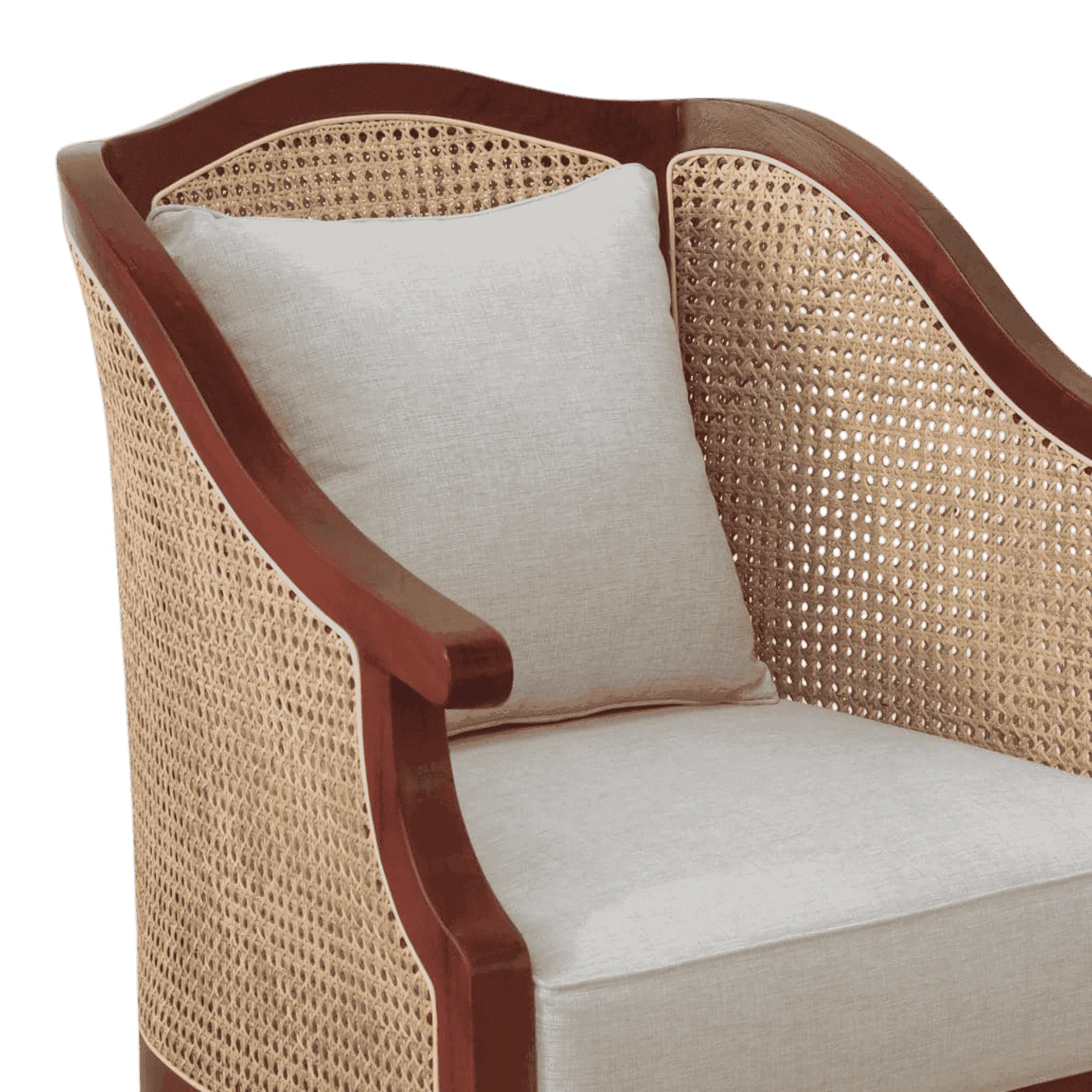 Wooden rattan armchair with beige cushion