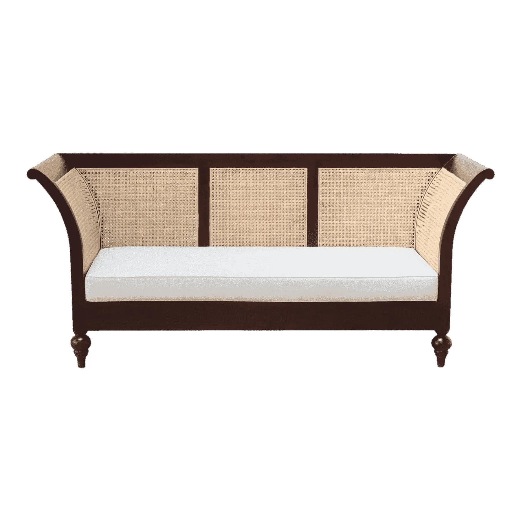Wooden cane sofa with white cushion