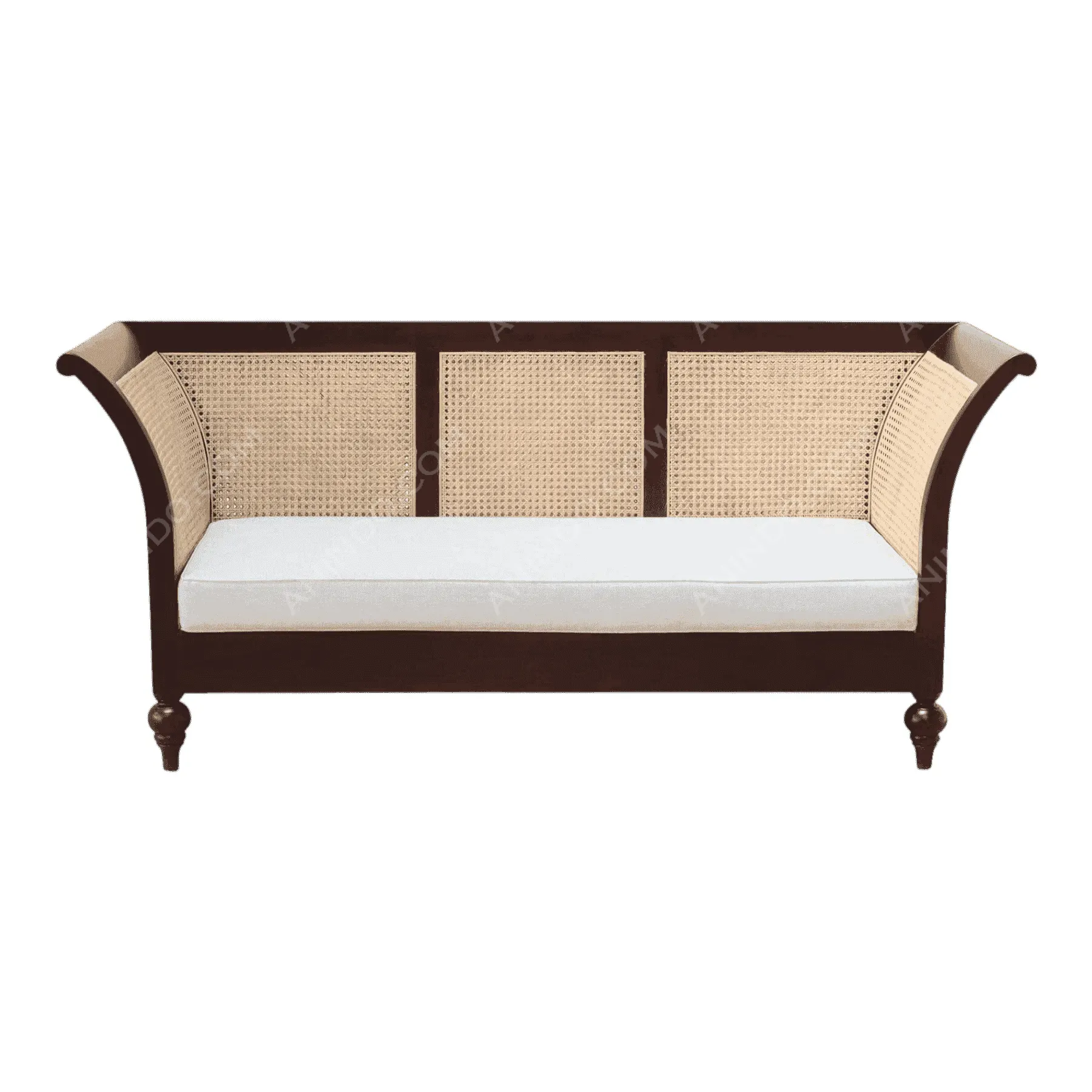 Wooden cane sofa with white cushion