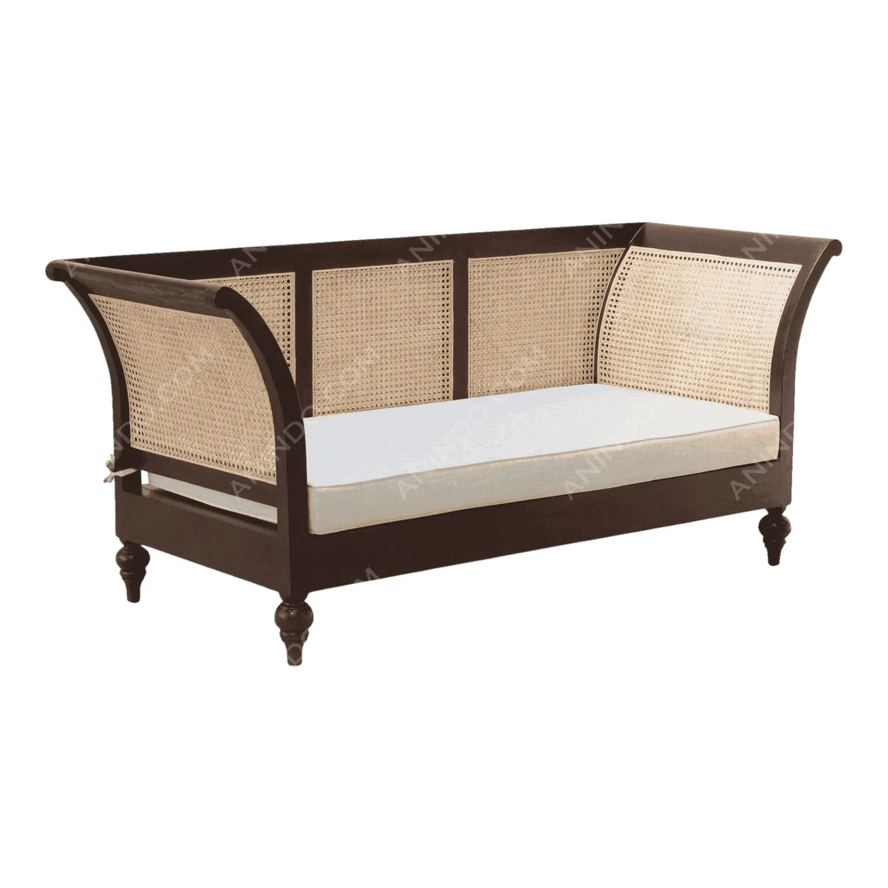 Wooden daybed with cane panels and cushion