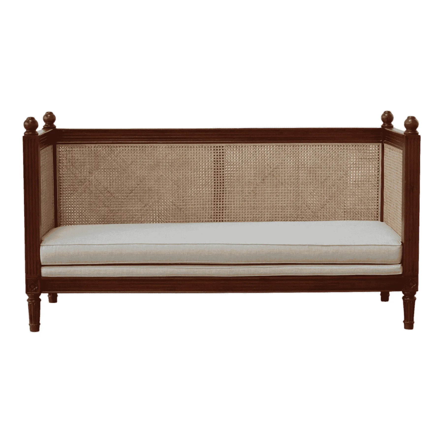 Wooden cane sofa with beige cushion