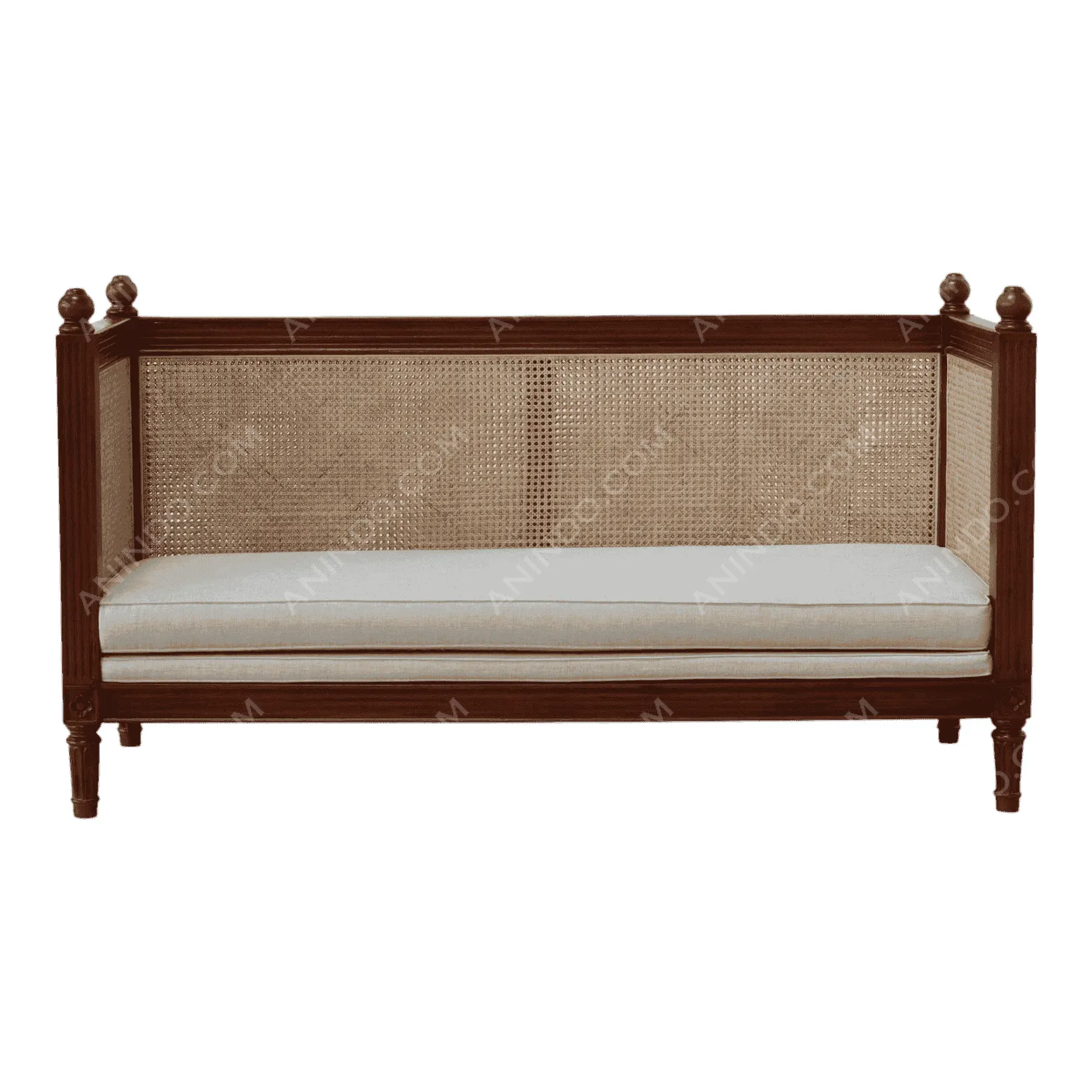Wooden cane sofa with beige cushion