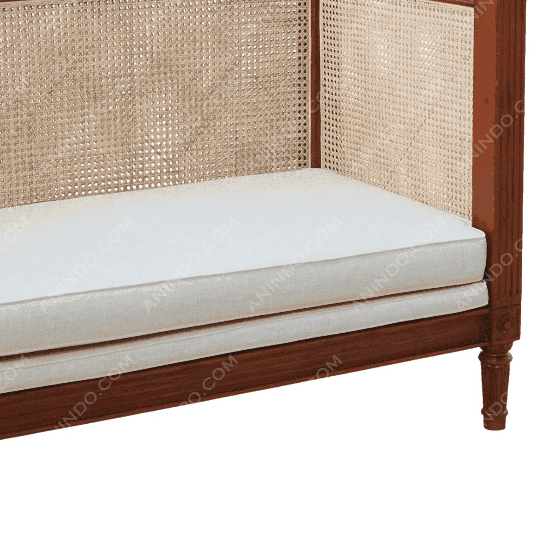 Wooden bench with cane backrest and cushion