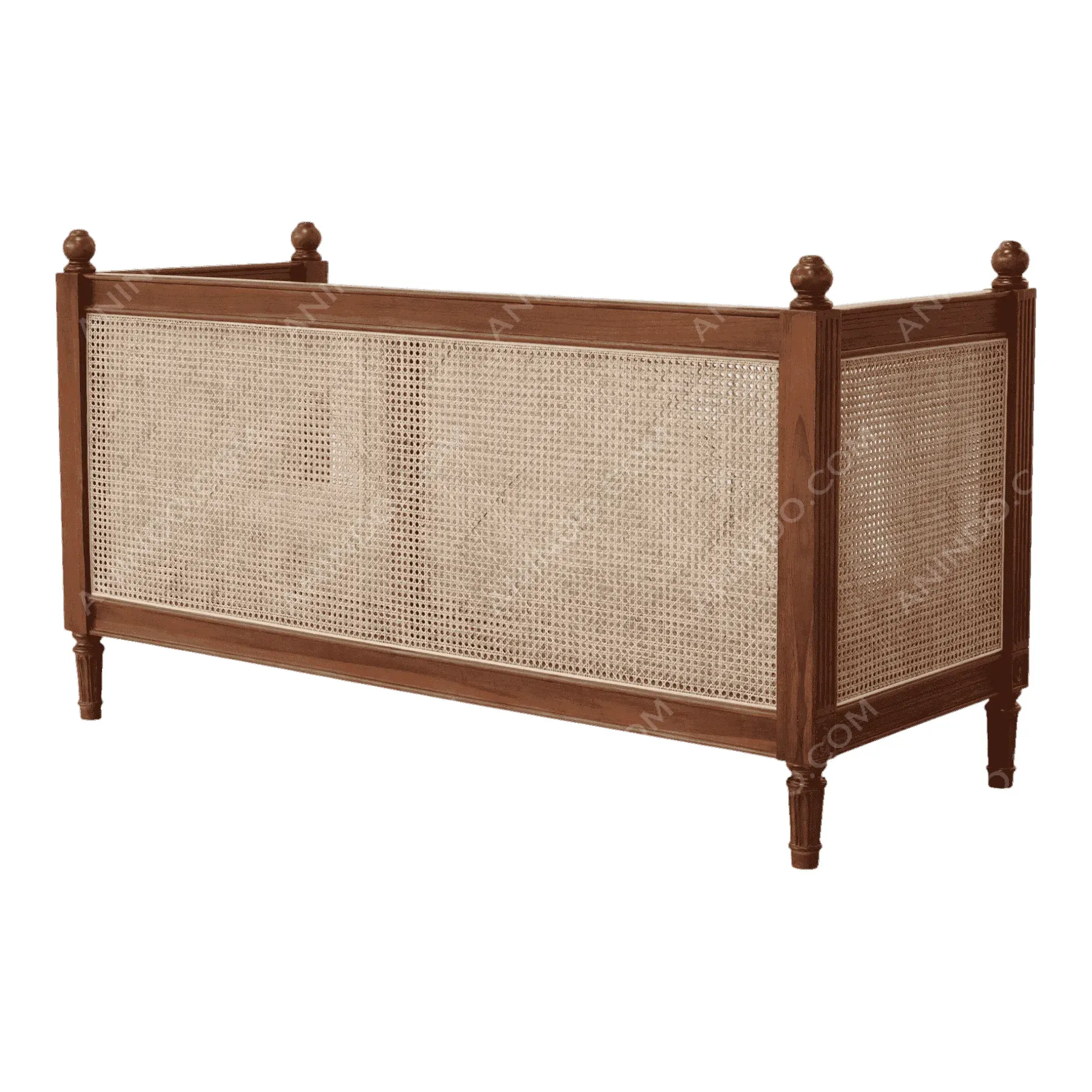 Wooden crib with woven rattan panels