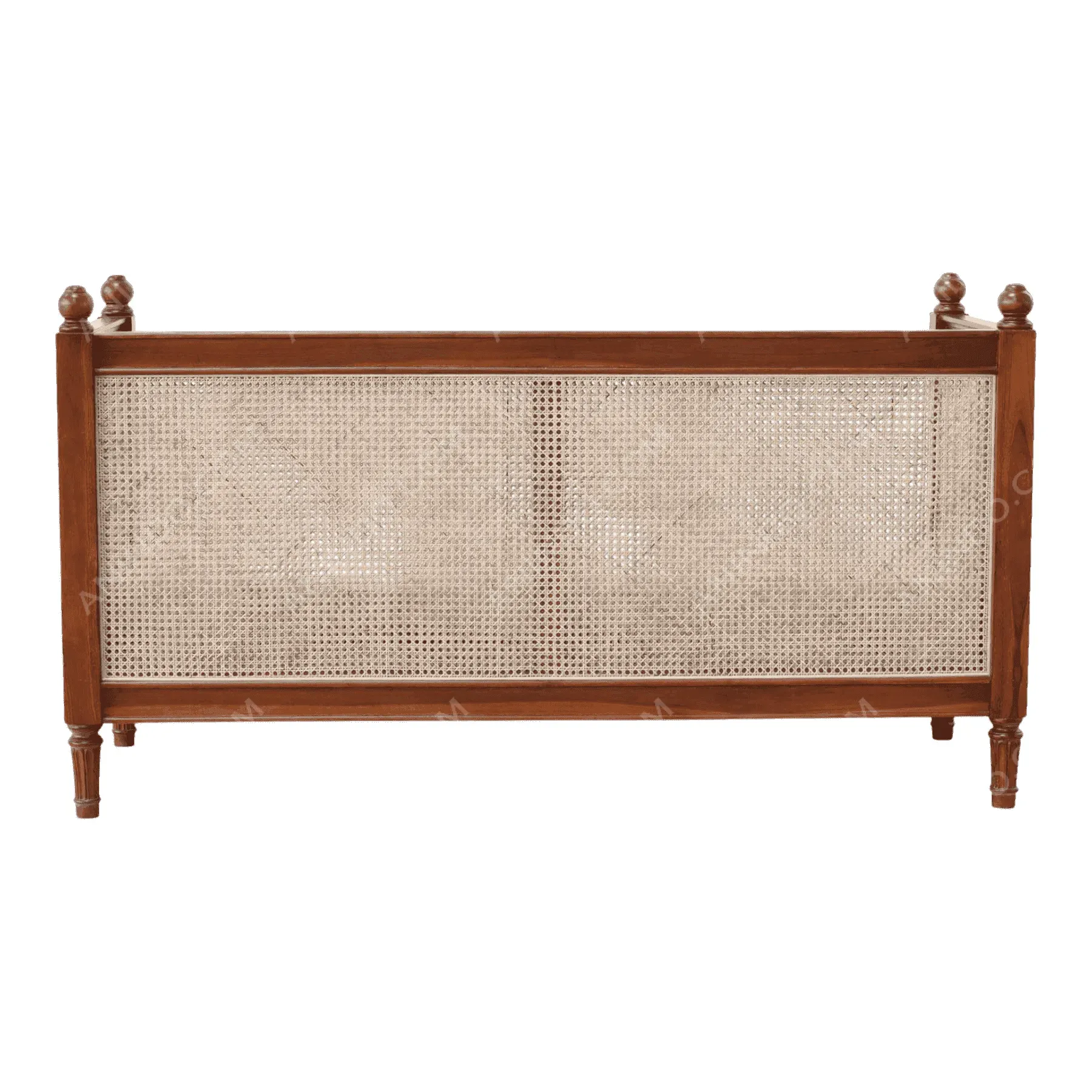 Wooden bench with woven rattan backrest
