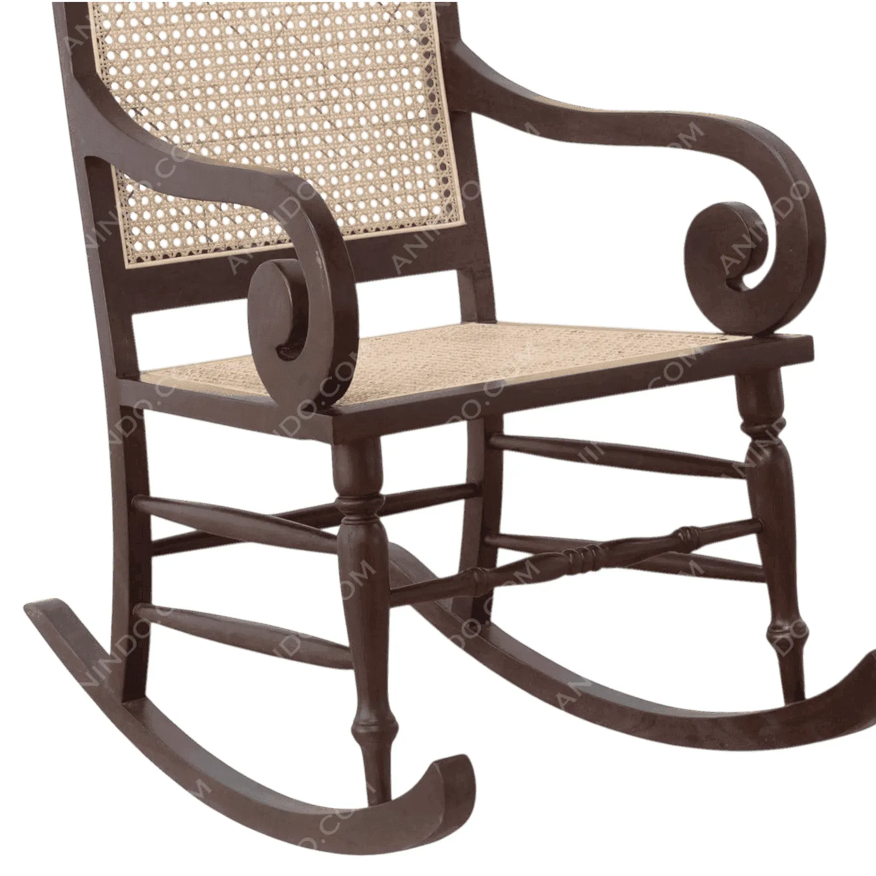 Wooden rocking chair with woven cane seat