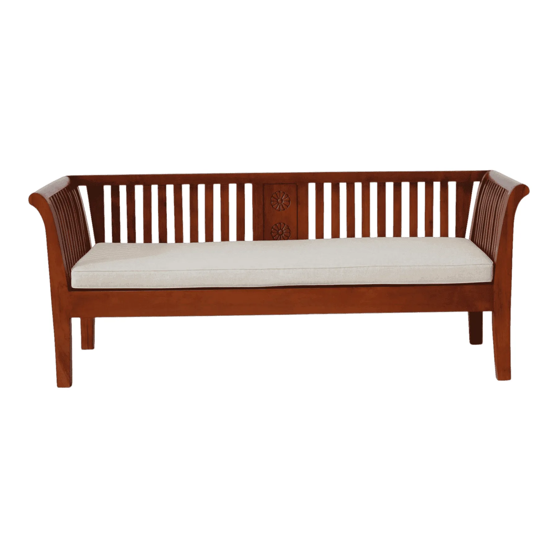 Wooden bench with beige cushion seat