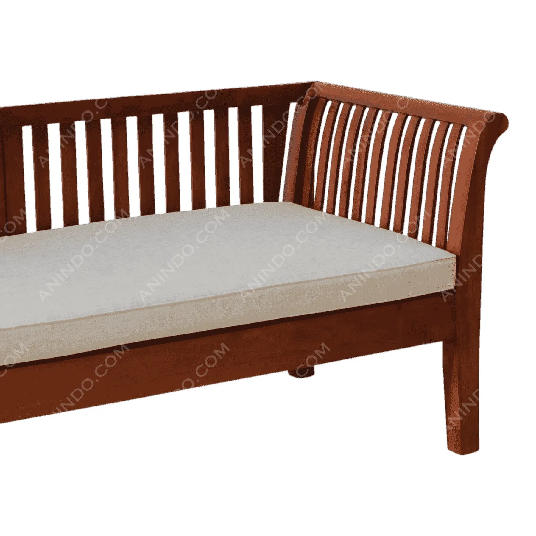 Wooden bench with beige cushion