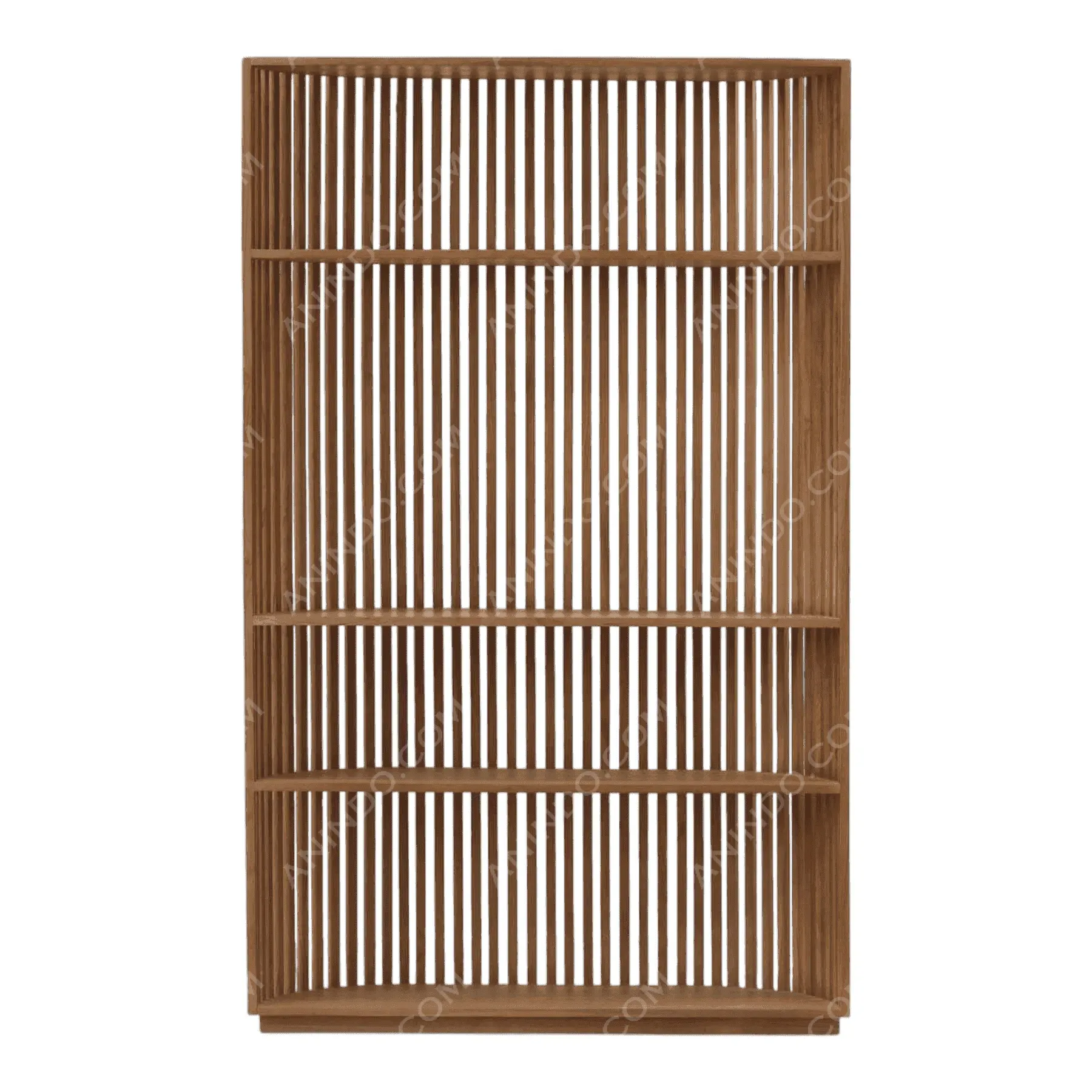 Wooden slatted bookshelf with four shelves