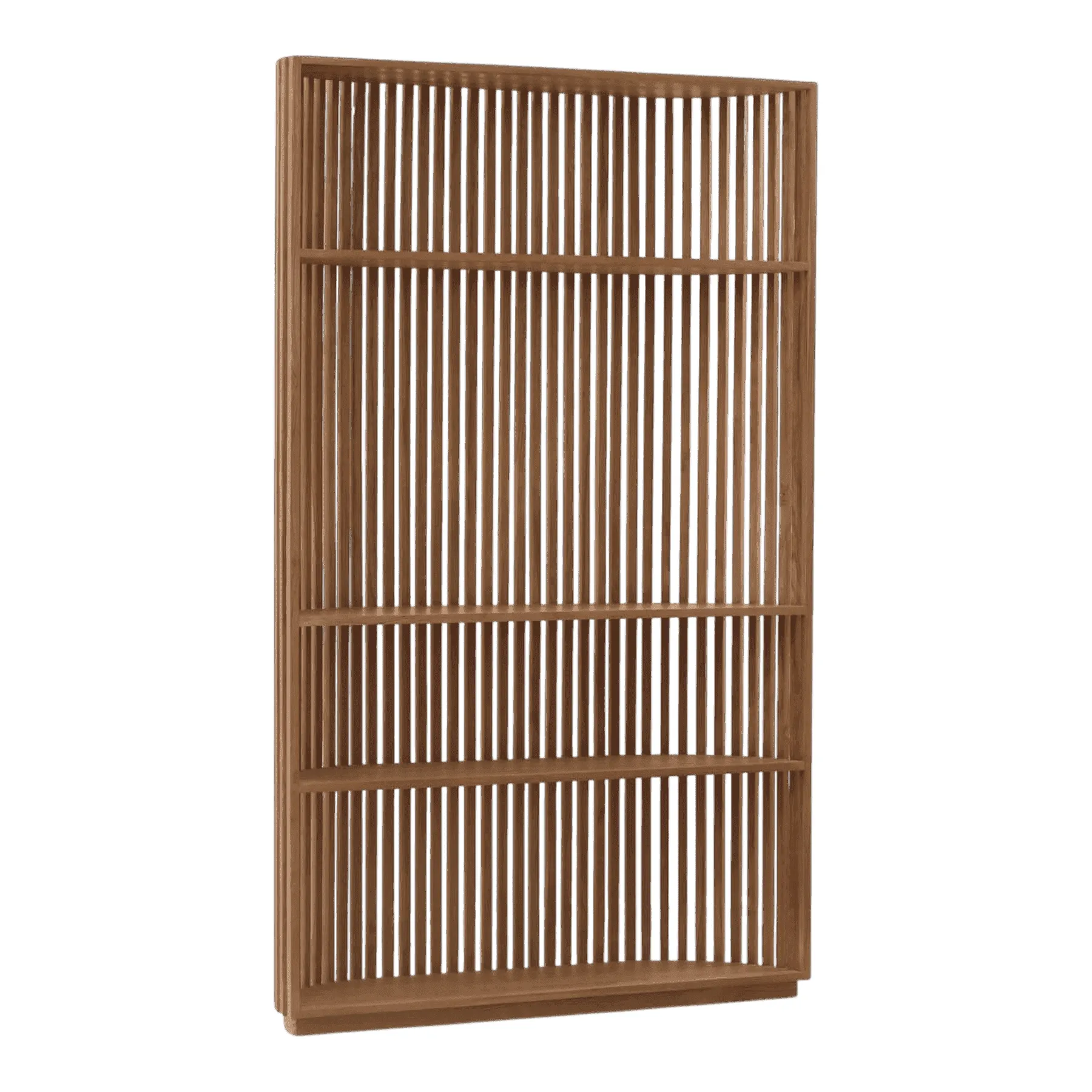 Modern wooden slatted bookshelf with open shelves