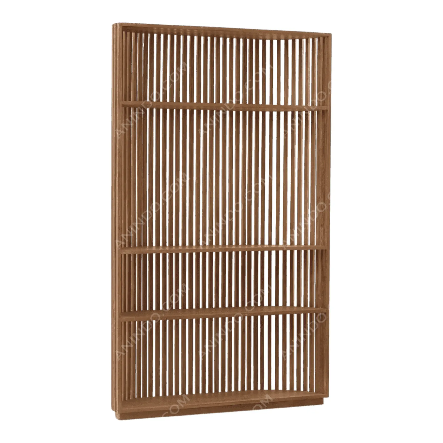 Modern wooden slatted bookshelf with open shelves