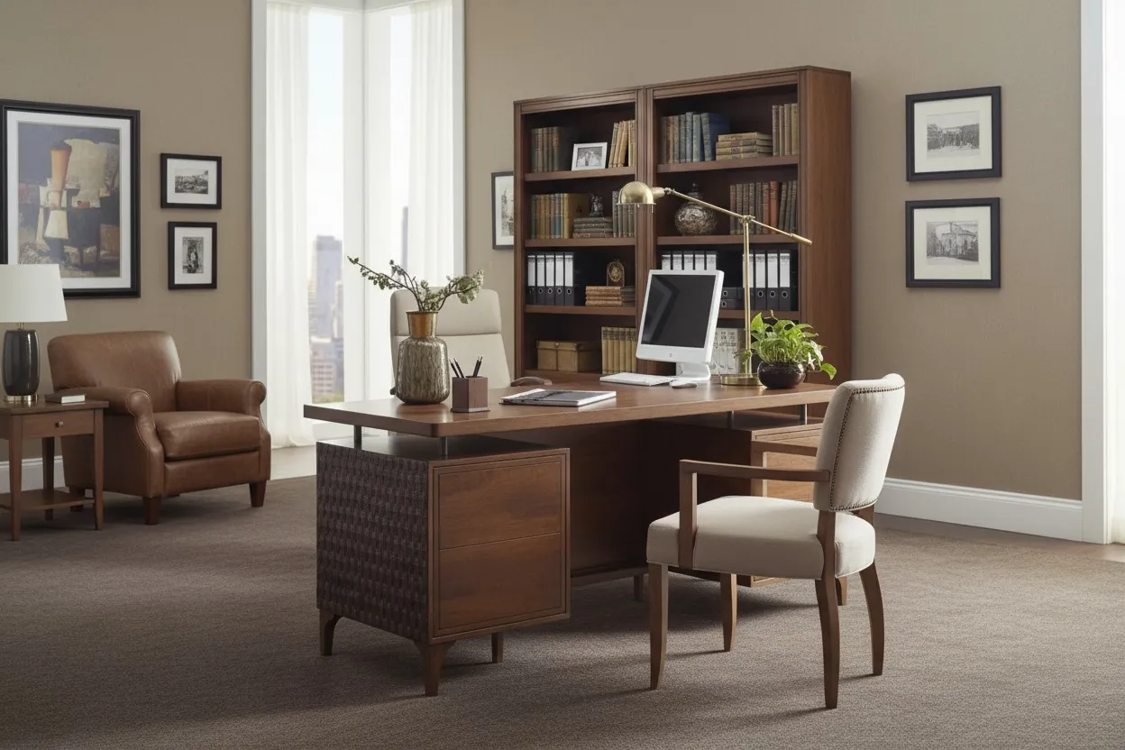 Modern home office with wooden furniture and computer